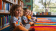 © CreativeIMGIdeas - A group of children are sitting on a rug in a library. They are smiling and looking at the camera