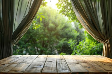 Wall Mural - Empty wood table with blurred curtain  abstract green garden.