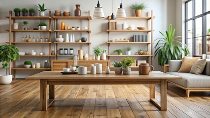 Poster - Wooden table top in living room interior with various products on display, wooden, table, living room, interior, product