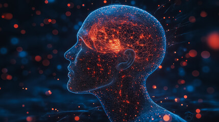 Poster - A head with a brain made of glowing dots. The head is surrounded by a dark background with bright red dots. Concept of wonder and curiosity about the brain and its functions