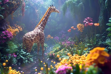 Wall Mural - A giraffe is in a pond surrounded by flowers