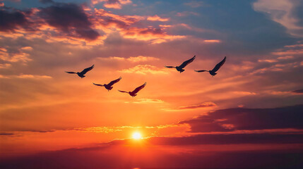 Silhouette of a bird group flock flying on a beautiful sunset sky, freedom in  nature. Summer evening horizon and warm sunlight create a peaceful and scenic evening landscape