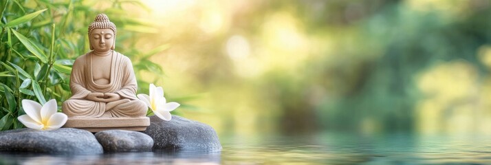 Buddha statue perched atop a rock in an impeccably lush bamboo jungle with a silky water surface