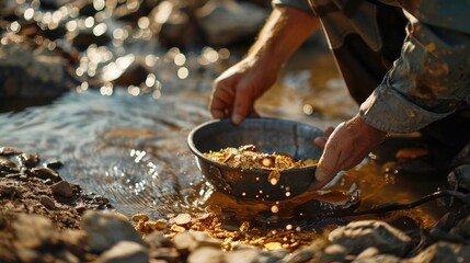 gold panning man striking it rich by finding the mother lode or at least a nugget or two