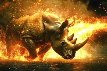 Wall Mural - A rhino is standing in the middle of a fire