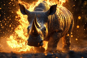 A rhino is standing in the middle of a fire