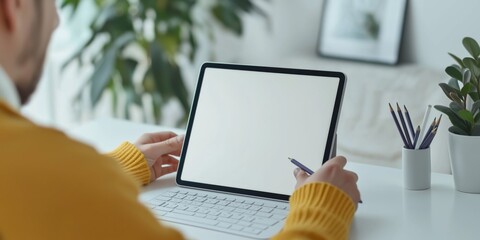Poster - An innovative and creative workspace featuring a digital tablet alongside a stylus, designed specifically for enhancing productive business tasks and facilitating effective collaboration among teams