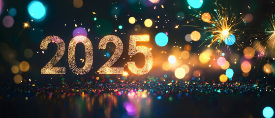 New Year 2025 celebration banner for holiday festival night on eve with greeting event, fireworks to celebrate with happy background and festive gold card featuring number and sparkle