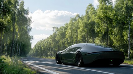 Green concept car cruising on a road lined with dense green trees, set against a soft blue sky, highlighting eco-conscious vehicle design.