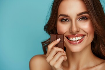 Cheerful woman with brown hair and makeup holding chocolate.