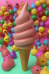 Sticker - Pink Ice Cream Cone with Smiling Cartoon Characters