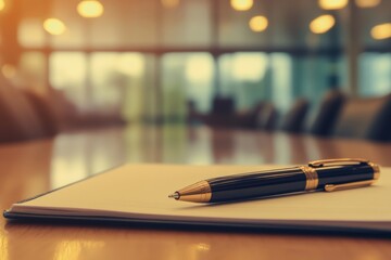 Poster - In a professional business setting, a conference table is equipped with neatly arranged pen and paper, enhancing the atmosphere for fruitful meetings and effective communication among participants