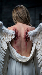 Angel with broken wings. Dark fantasy style. Conceptual art representing Suffering and Struggle