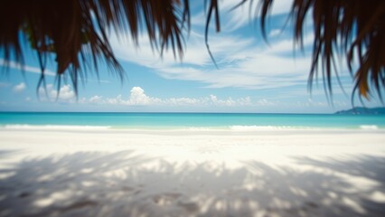 Poster - A relaxing view of a tropical beach through palm fronds.