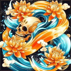 Poster - Skull with Flowers and Waves