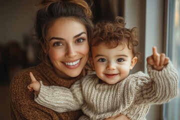 Wall Mural - Portrait of cute young Latin woman in sweater sitting on wndowsill holding her two year old son who is reaching out hands as if flying. Happy mom and child playing in cozy kitchen, Generative AI