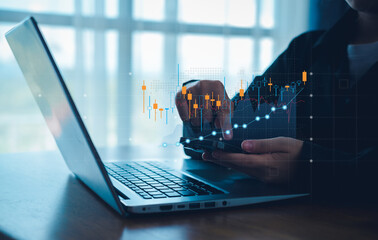 Business finance technology and investment concept. Stock Market Investments Funds and Digital Assets. women Analyzing forex trading graph financial data. Business finance background.