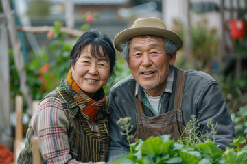 An Asian couple gardening together in their backyard