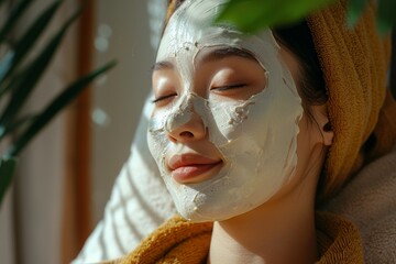 An Asian woman enjoying a calming face mask at home