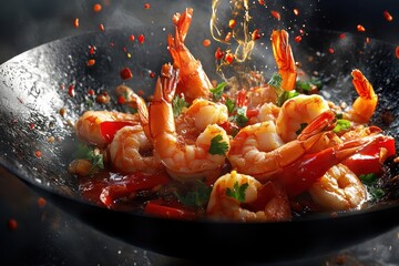 Wall Mural - A stir fry of shrimp, peppers, and green beans is cooking in a wok