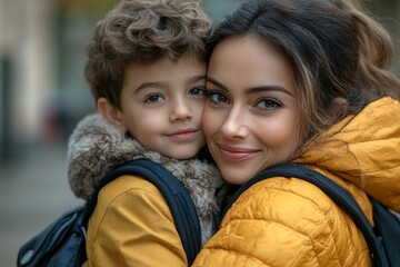 Wall Mural - A mother hugs her young son on the way to school, and a mother and boy say goodbye before school. Concept of education and training, return to school, Generative AI