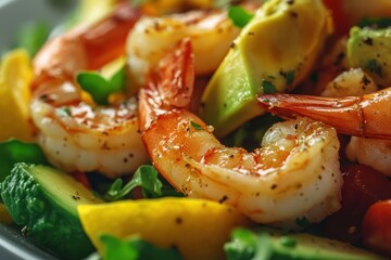 Wall Mural - A plate of shrimp and vegetables with a lime wedge on the side