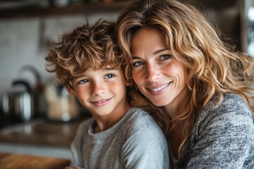 Happy mother and son hugging each other at home - Focus on boy face, Generative AI