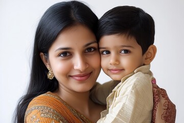 Indian pretty young mother and little boy or son embracing on white background, Generative AI