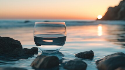 Wall Mural - Glass of Water on the Beach at Sunset