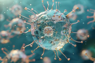 Poster - A beautiful scientific microscopic close-up view of a transparent watery nanoparticle macrophage with small, short, rounded, watery tendrils coming from the transparent watery sphere