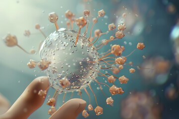 Poster - A beautiful scientific microscopic close-up view of a transparent watery nanoparticle macrophage with small, short, rounded, watery tendrils coming from the transparent watery sphere