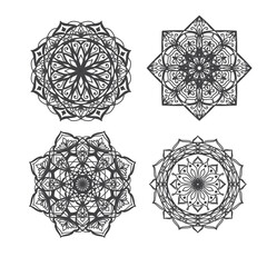 Set of Ethnic Fractal Mandala Vector Tattoo Design looks like Snowflake or Maya Aztec Pattern or Flower.