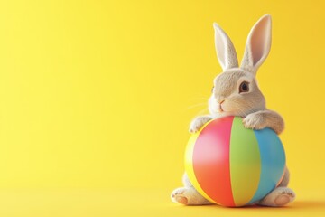 Wall Mural - A rabbit is standing next to a yellow and pink beach ball