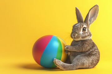 Wall Mural - A rabbit is standing next to a yellow and pink beach ball