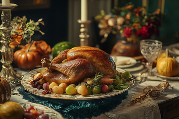 A Thanksgiving meal set on a beautifully decorated table, symbolizing the warmth and togetherness of a family reunion