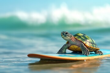 Wall Mural - A turtle is on a surfboard in the ocean