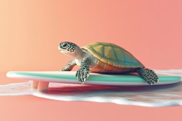 Wall Mural - A turtle is on a surfboard in the ocean