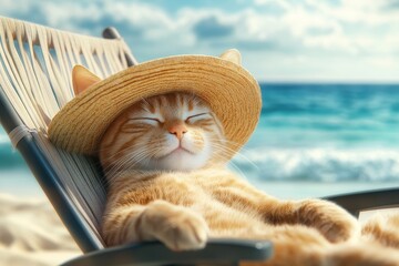 Wall Mural - A cat wearing a straw hat is relaxing on a beach chair