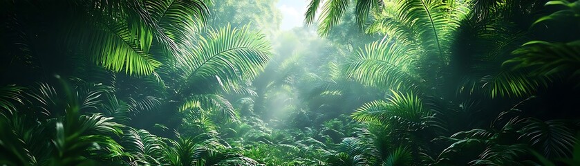 Wall Mural - Lush Green Jungle Landscape, Tropical Palm Trees Background, 3D Illustration