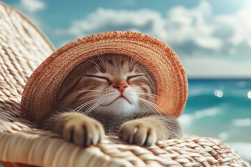 Sticker - A cat wearing a straw hat is relaxing on a beach chair