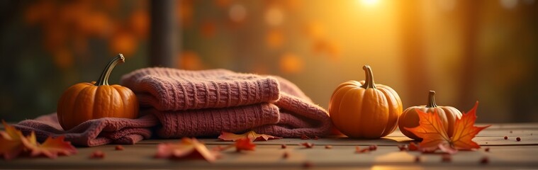 Canvas Print - Pumpkins with cozy folded sweaters and autumn leaves on a wooden table under warm sunlight