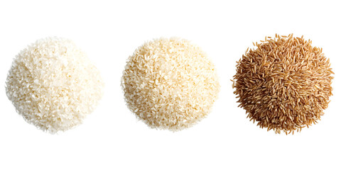 White rice  brown rice  and wild rice grains isolated transparent background