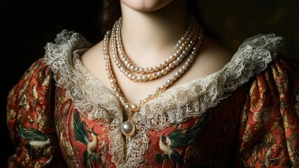 Wall Mural - Close-up of Woman Wearing Vintage Lace Dress with Pearl Necklace in Historical Setting