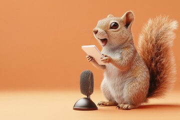 Poster - A squirrel is sitting in front of a microphone and holding a clipboard