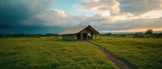 Wall Mural - Scenic Safari Tent in the African Savannah at Sunset with Dramatic Clouds and Vast Grasslands