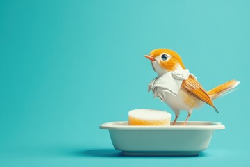 Wall Mural - A bird is perched on a sink with a sponge and a piece of toast