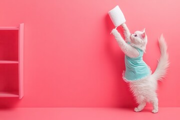 Wall Mural - A white cat in a blue dress is standing on a pink wall