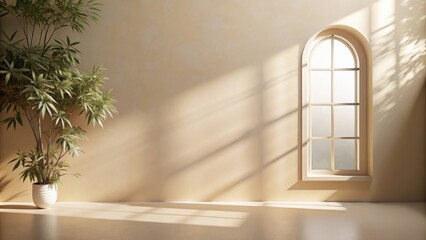 Sticker - Minimalistic abstract background with gentle light beige and intricate shadows from window and vegetation on wall