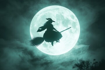 Wall Mural - A witch is flying on a broomstick over a large, glowing moon