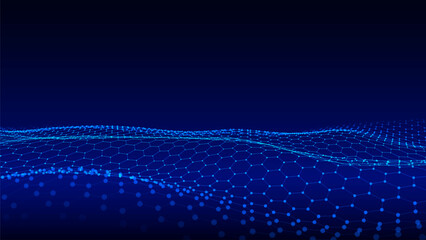 Wall Mural - abstract vector technology blue hexagon wave with motion dots and lines. dark cyberspace in digital 